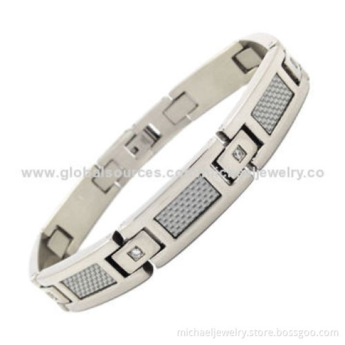 Stainless Steel Bracelets with 8-piece of CZ Stones and Gray Carbon Fiber, Elegant and Fashionable